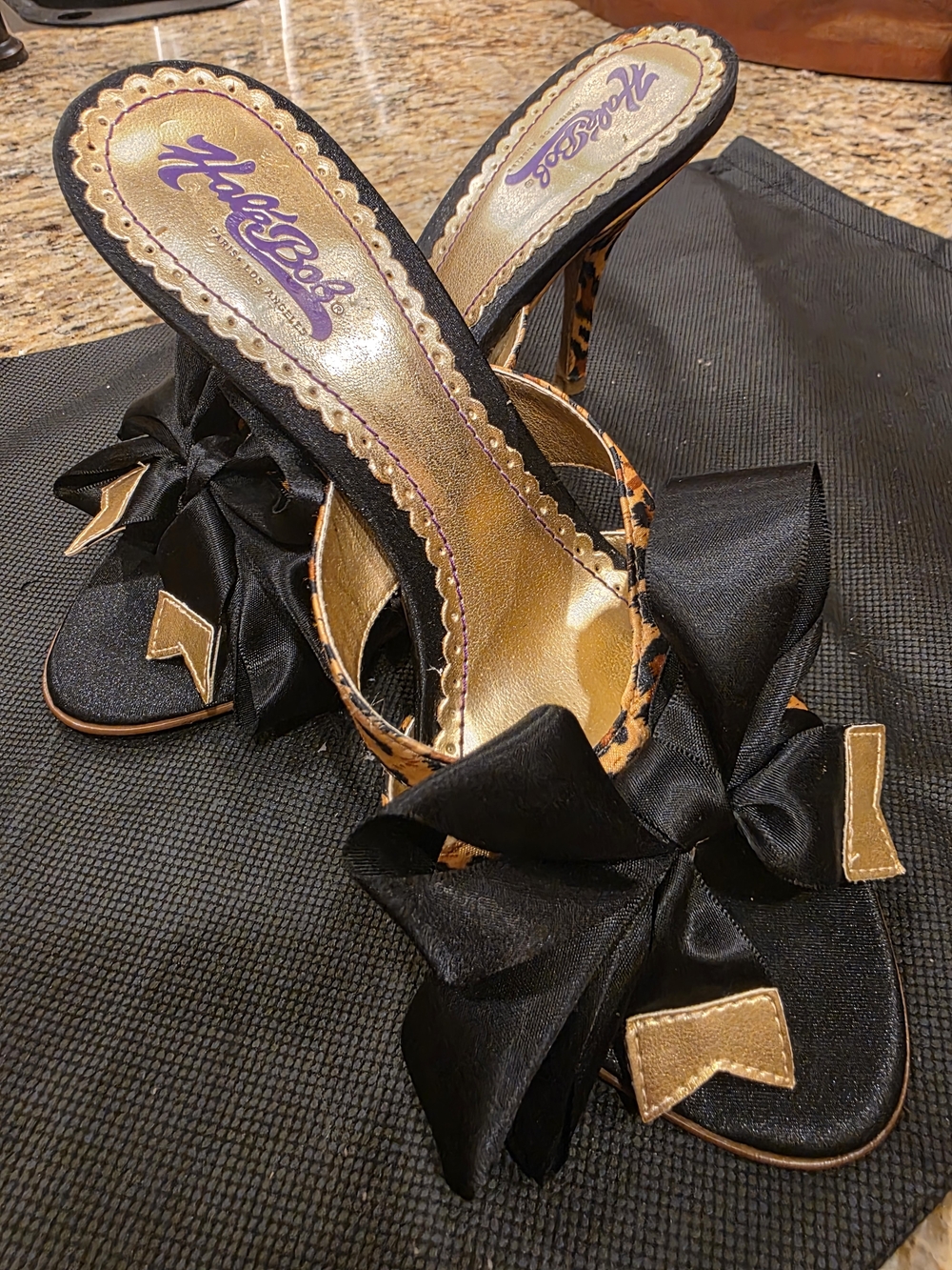 Hotbox Black Satin Bow Leopard Trim Slide Heels